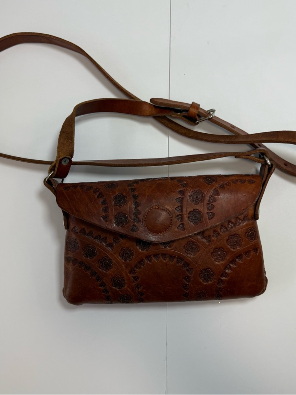Embossed Brown Leather Crossbody with Adjustable Strap